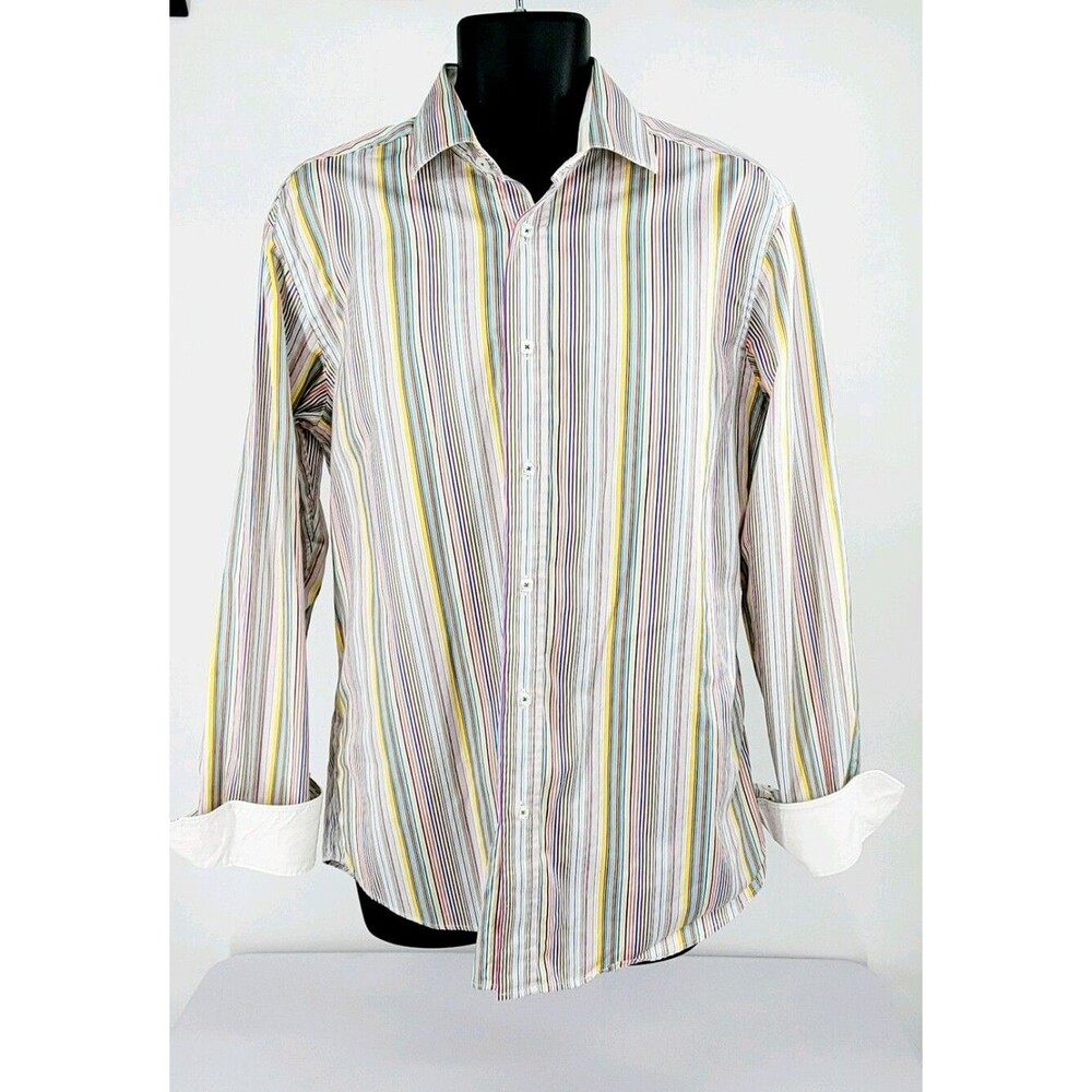 Bugatchi Uomo Mens Large Shaped Fit Casual Shirt Flip Cuffs Bright Striped